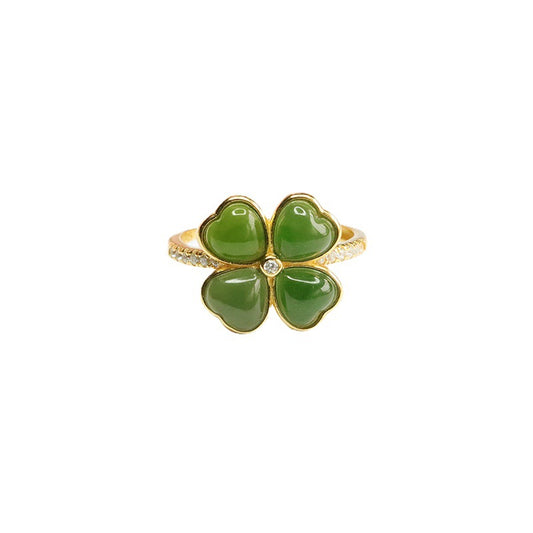 925 Sterling Silver Hetian Jasper Clover Ring
