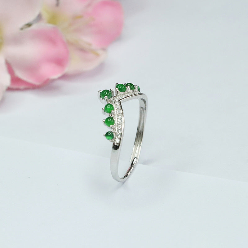 Sterling Silver Adjustable Ice Emperor Green Jade Crown Ring
