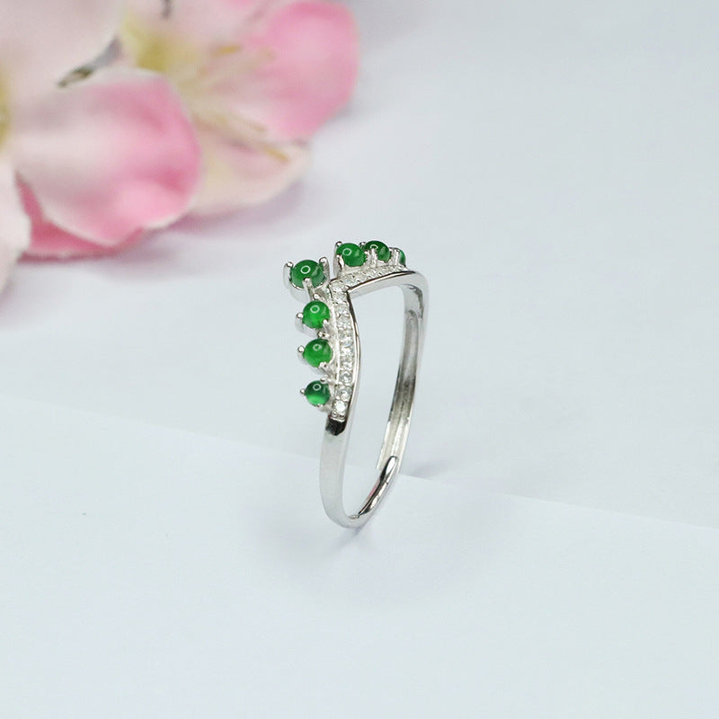 Icy Green Jadeite Crown 925 Silver Ring