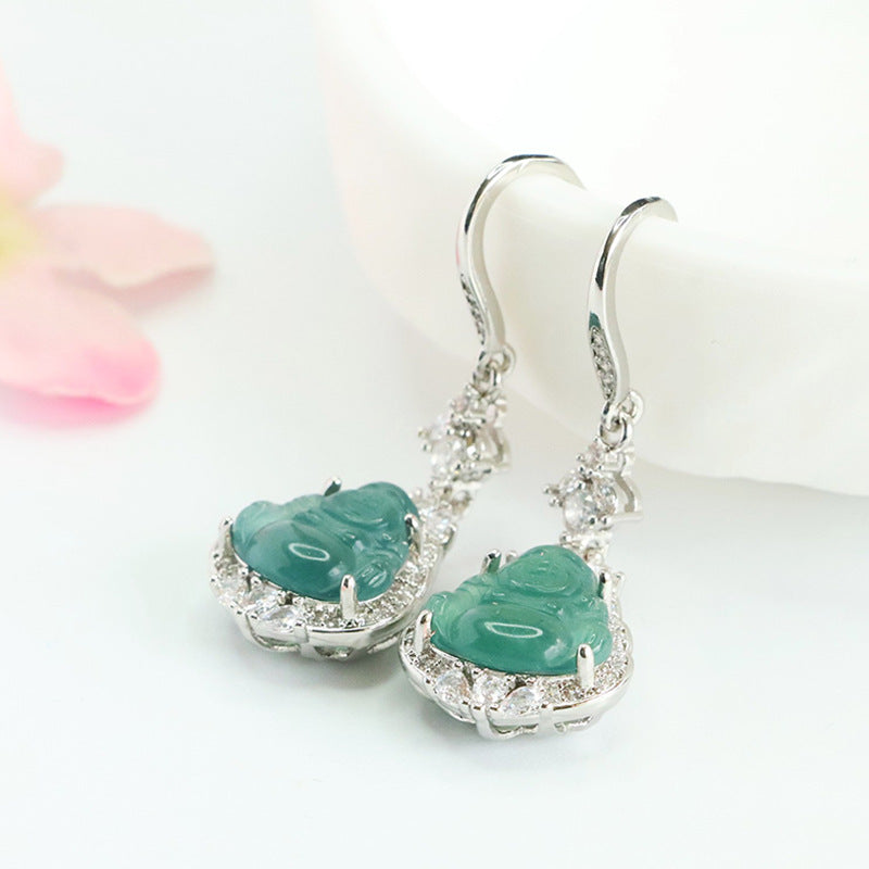 Blue-Water Jadeite Buddha Zircon Halo Earrings