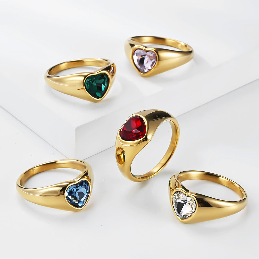 Zircon Ring – Elegant Heart-Shaped Gold-Plated Steel