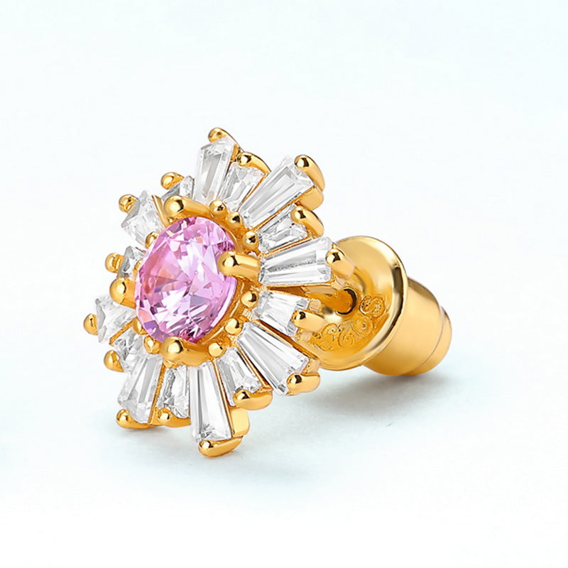 Zircon Pink Sun Flower Sterling Silver Stud Earrings