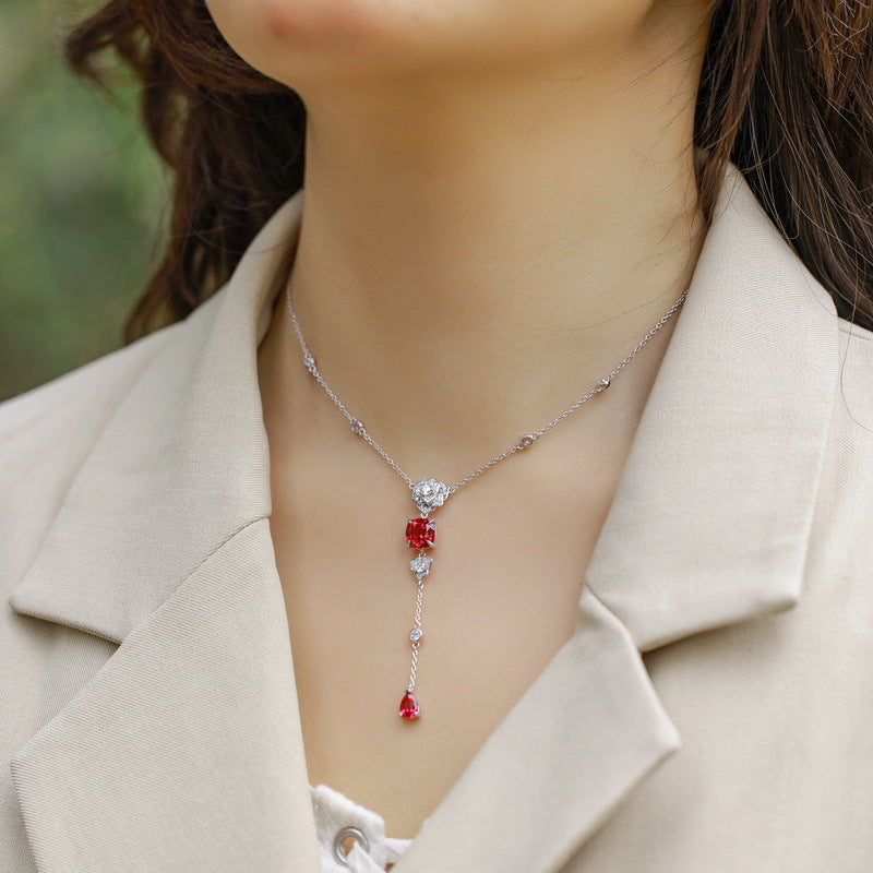 S925 Sterling Silver Lab-Grown Ruby Rose Necklace
