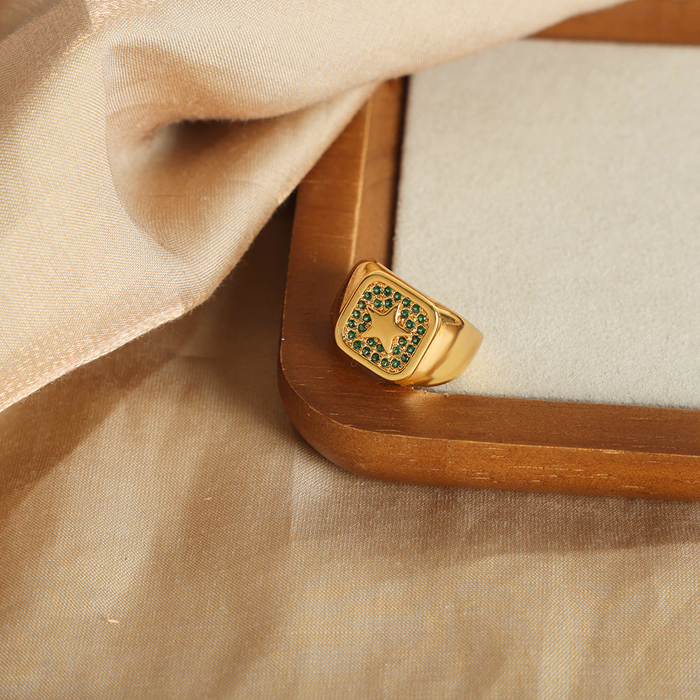 European Luxe Copper Square Zircon Star Open Ring - Women's Light Luxury Jewelry