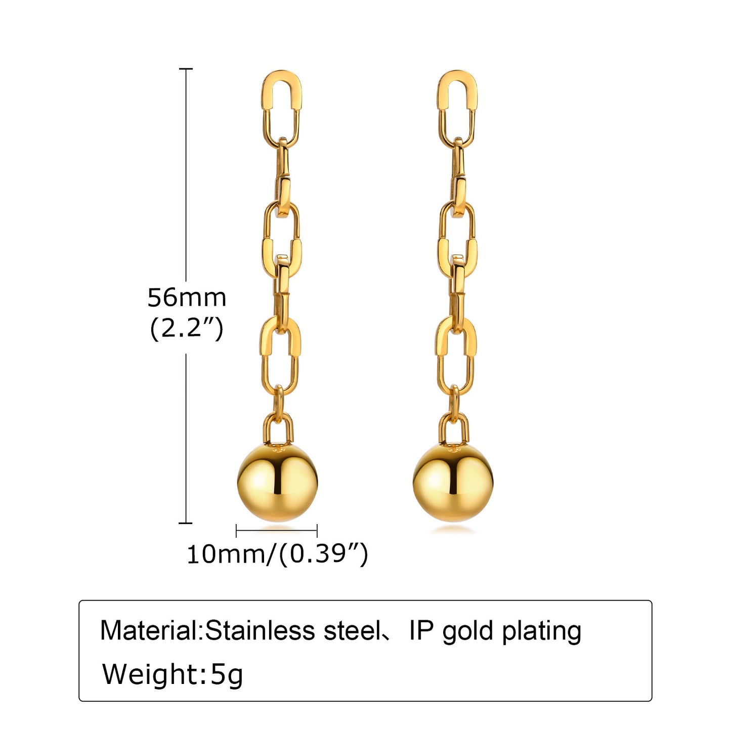 Stainless Steel Bead Chain Earrings Gold Women's Fashion Chic
