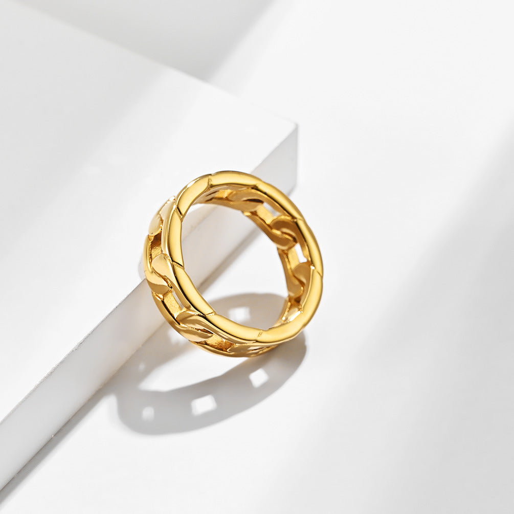 European and American Street Style Stainless Steel Woven Chain Ring Plated with 18K Gold for Men and Women