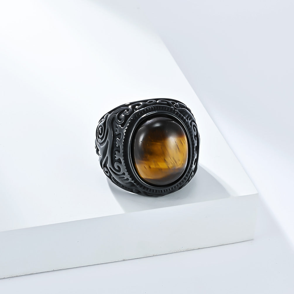 Planderful Mens Titanium Steel Ring With Tiger Eye Gem Retro Engraved Bold Statement Jewelry
