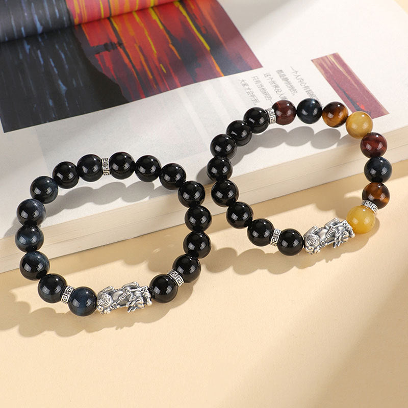 999 Silver Black Agate Pixiu & Tiger Eye Bracelet