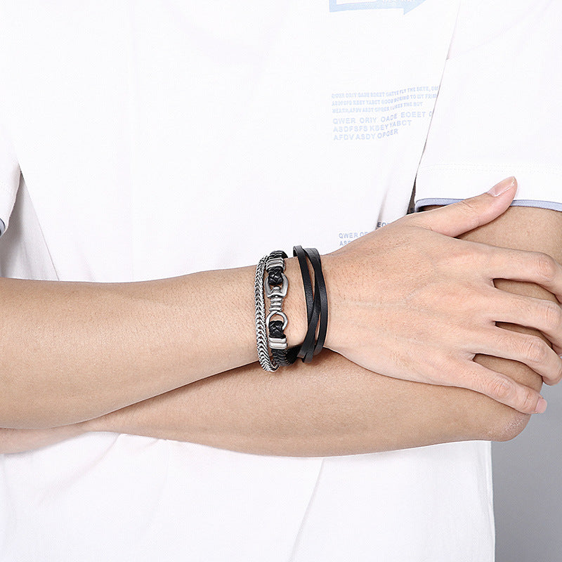 Planderful Men Leather Chain Bracelet Multi Layer Punk