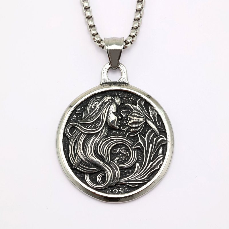 Stainless Steel Pendant Necklace For Men And Women Vintage Double Sided Medal With Flower Design Planderful