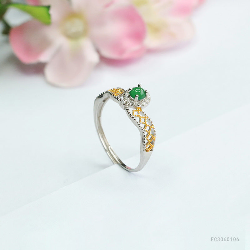 Icy Green Jadeite Openwork 925 Silver Adjustable Ring