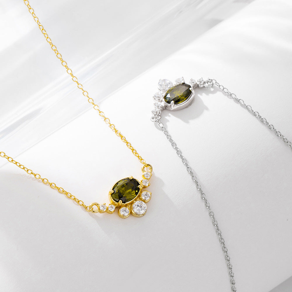 S925 Sterling Silver Egg-Shaped Olive Green Zircon Pendant Necklace Wind Color Treasure Necklace