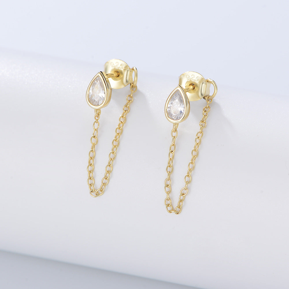 S925 Sterling Silver Drop-Shaped Zircon Earrings Punk Girl Versatile Rear Hanging Versatile Chain