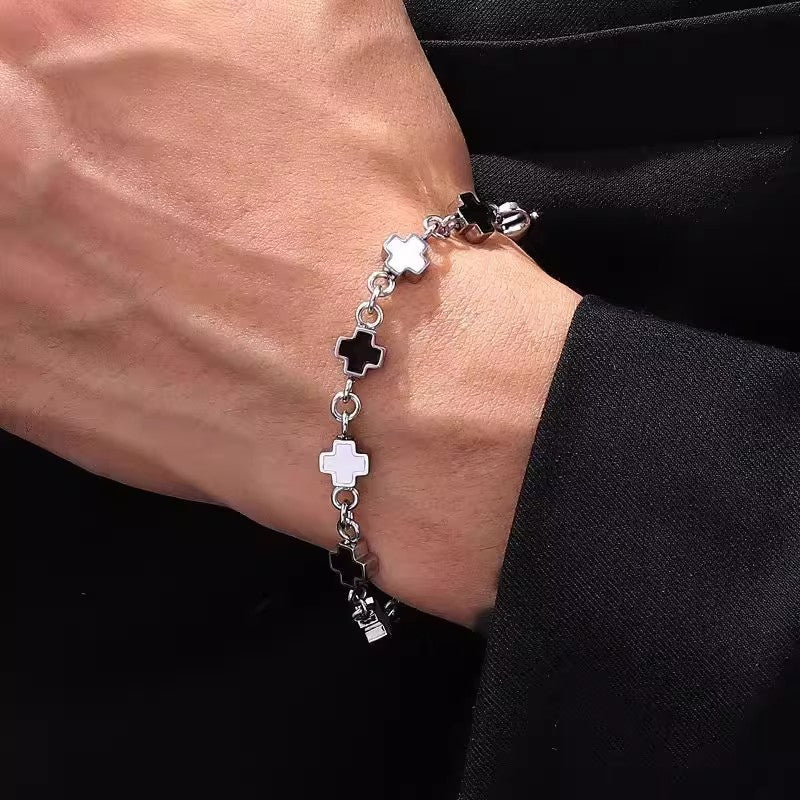 Planderful Jewelry Cross Bracelet In Steel Black And White Splice For Women And Men High End Fashion