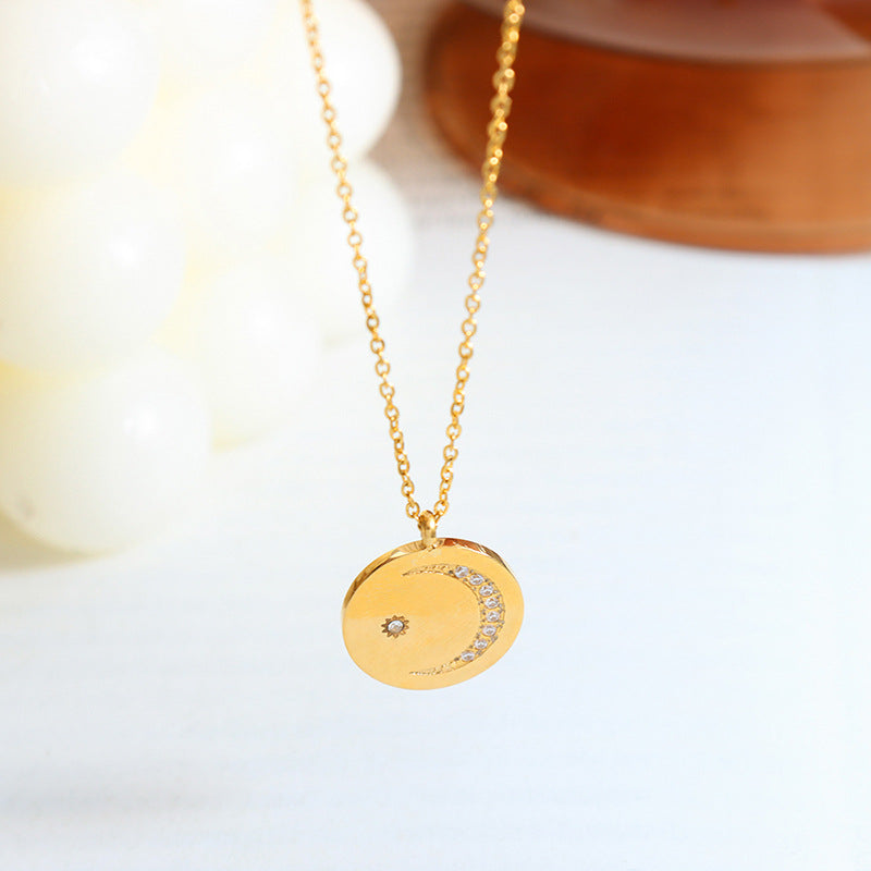 Japanese and Korean Style Minimalist Round Zircon Moon Necklace in Titanium Steel - Colorfast and Elegant Piece