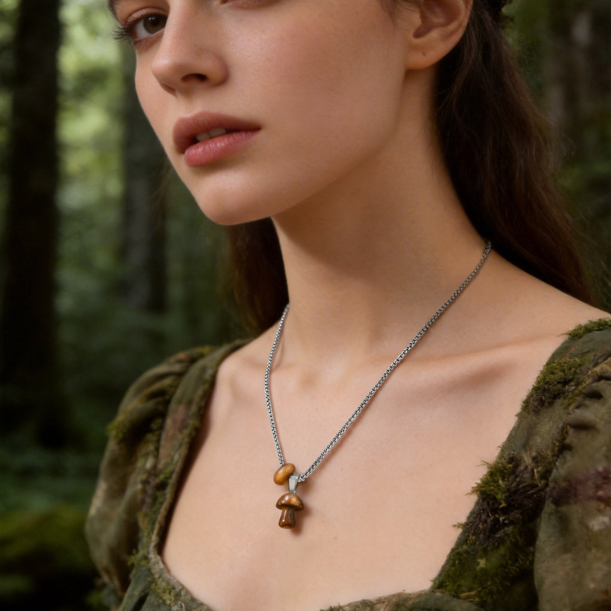 Stainless Steel Natural Tiger's Eye Stone Obsidian Mushroom Necklace Daily