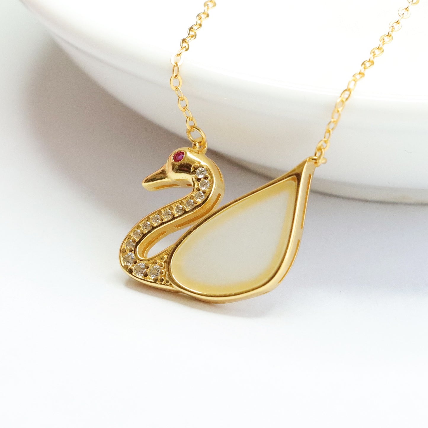 White Jade Swan Sterling Silver Necklace with Hotan Jade Accents