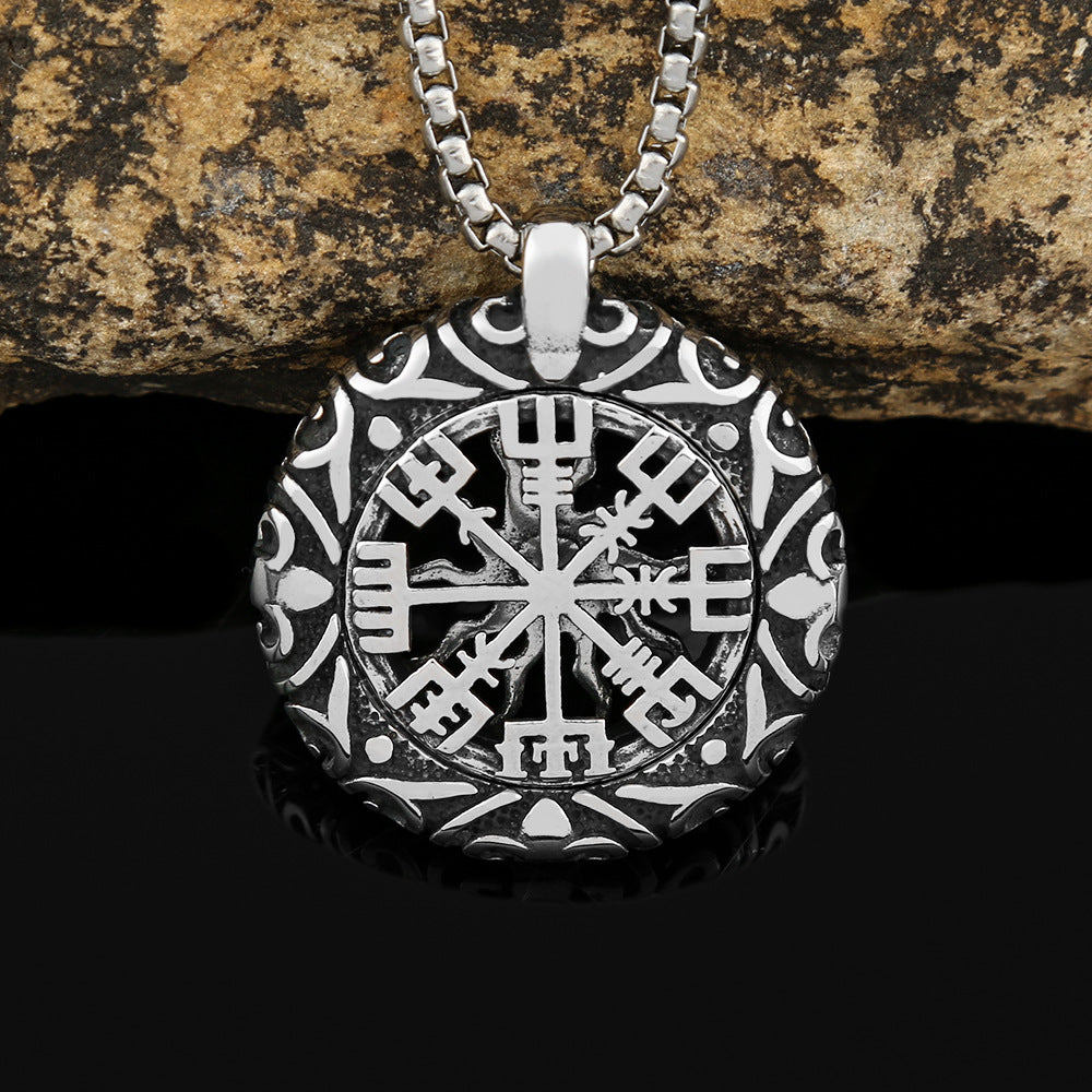 Stainless Steel Hollow Sun Pendant Compass Necklace for Men