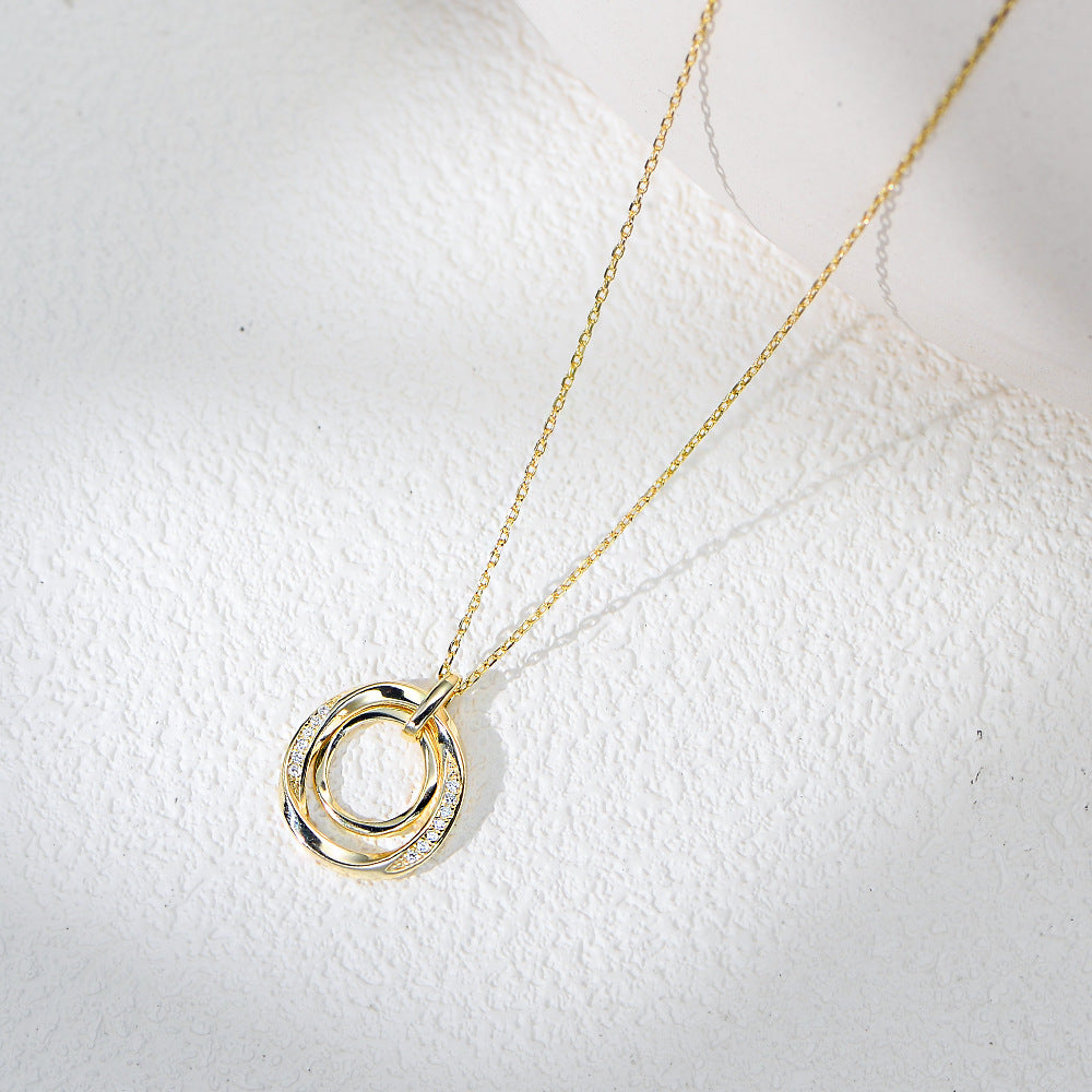 Planderful S925 Sterling Silver Zircon Necklace For Women Retro Light Luxury Double Ring Circle Collarbone Chain