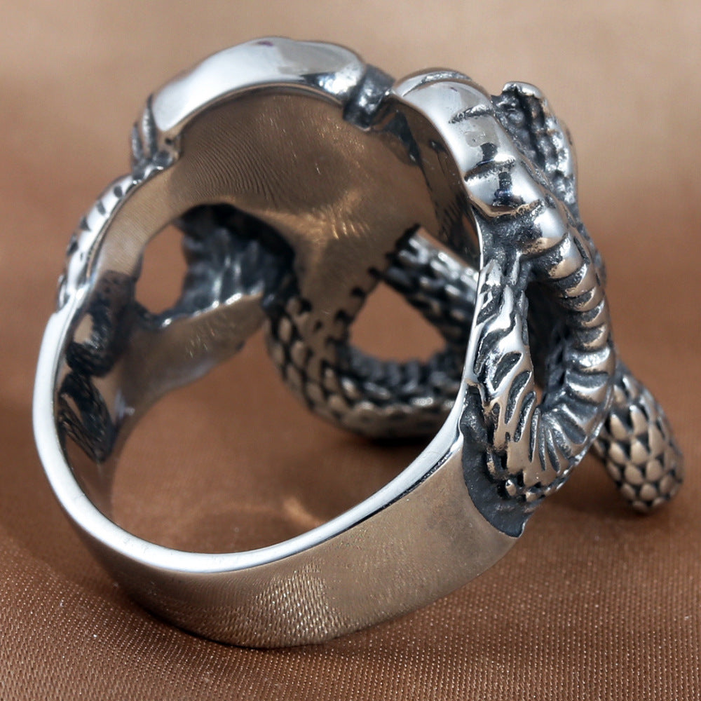 Retro Double Snake Titanium Steel Ring for Men - Trendy Stainless Steel Rattlesnake Accessory