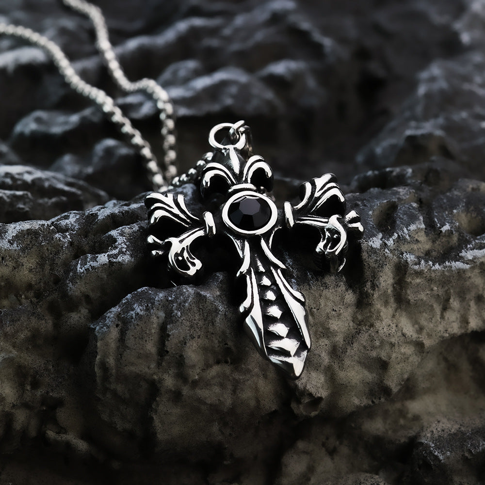 Retro Stainless Steel Men's Pendant Cross Flower Necklace