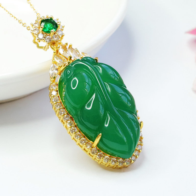 Chalcedony Branch Leaf Pendant Necklace with Zircon Detail