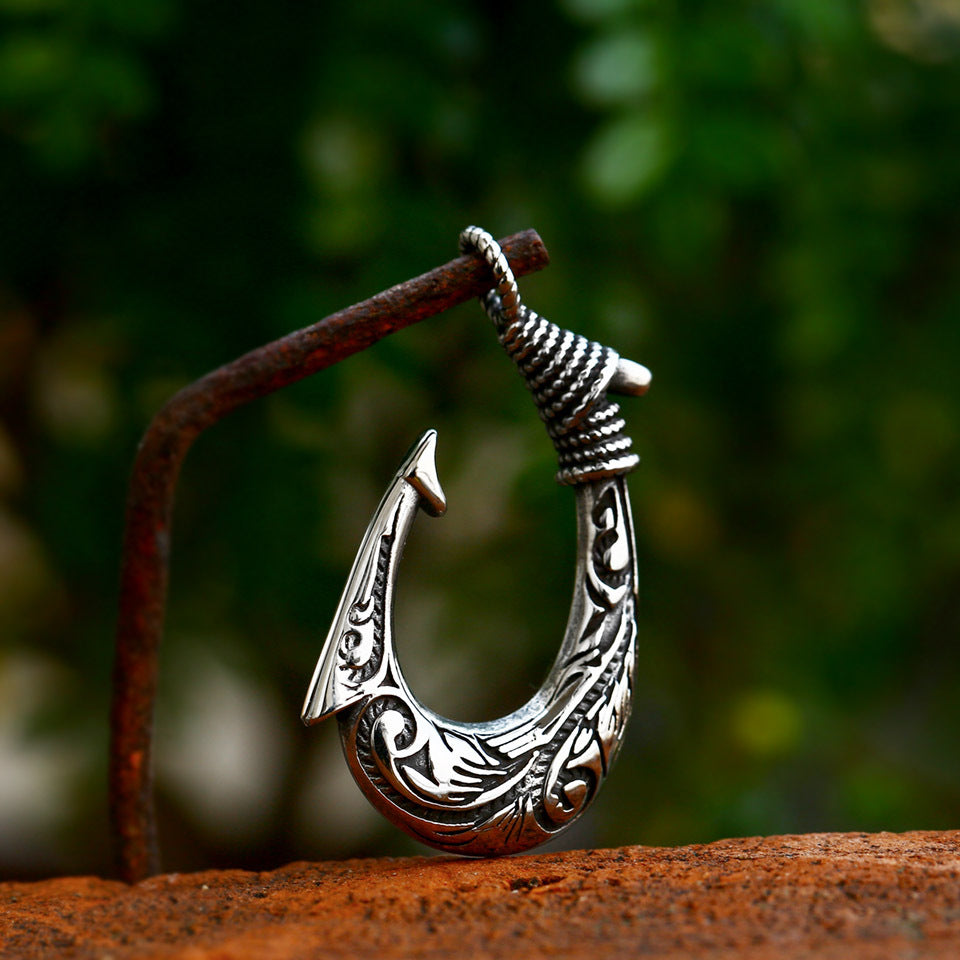 Titanium Steel Retro Fish Hook Pendant - Unisex Hip-Hop Jewelry for Modern Men