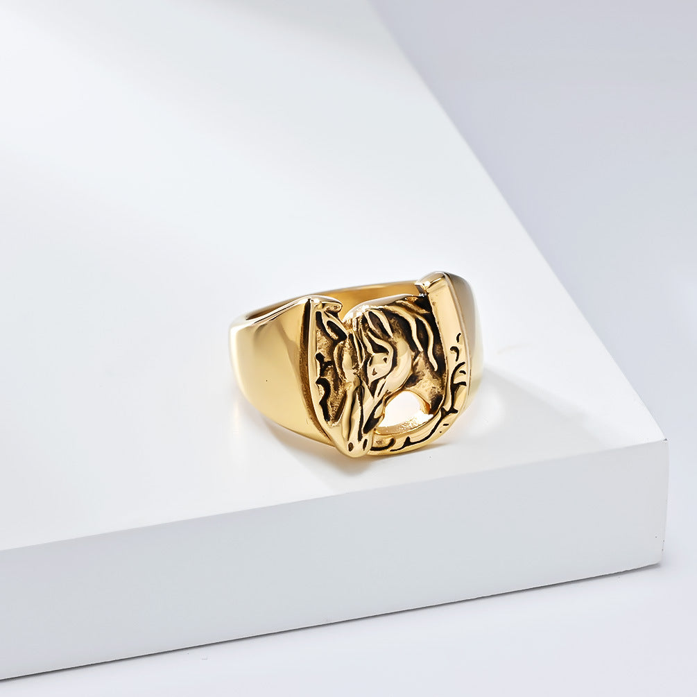 Planderful Personalized Retro Horse Head Titanium Steel Ring For Hip Hop And Hipster Style
