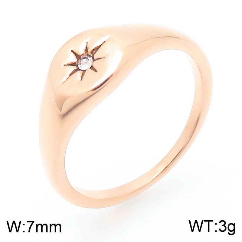 Minimalist Stylish Oval Glossy Zircon Octagram Ring Women's Stainless Steel 18k Gold-Plated Ring