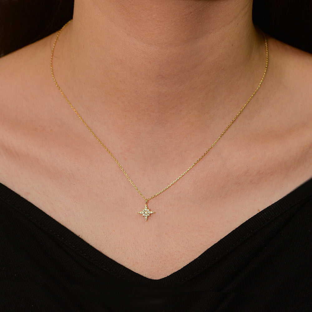 Full Zircon Octagram Sterling Silver Necklace Clavicle Chain Pendant