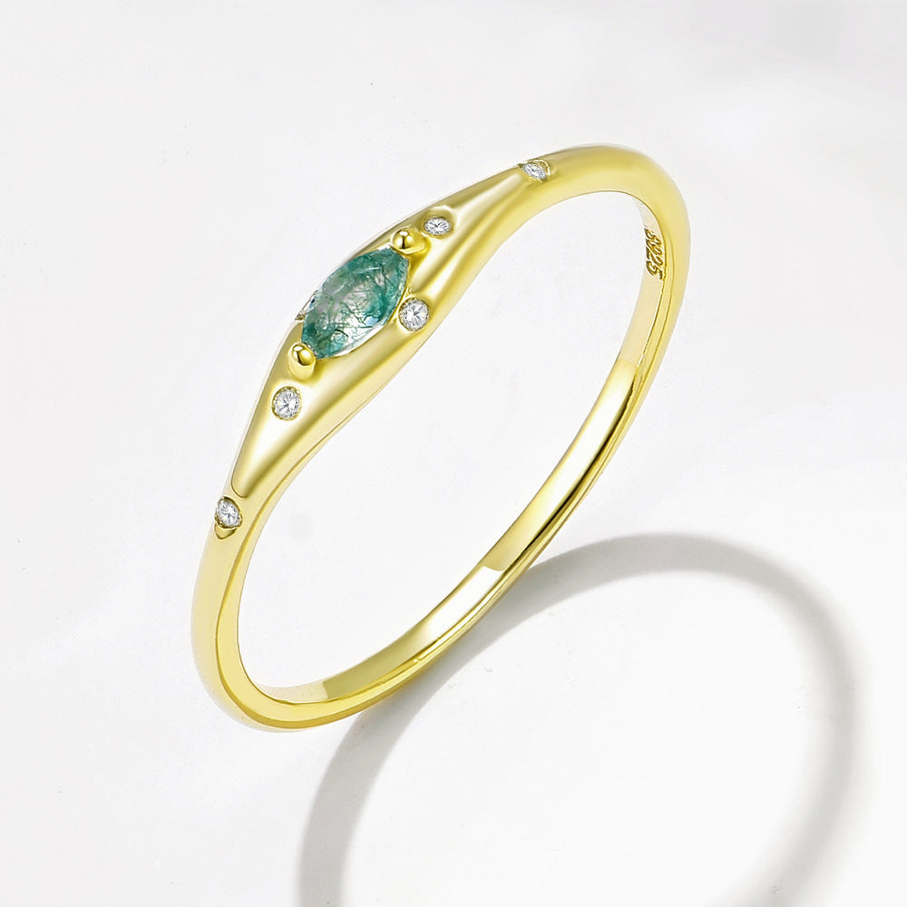 S925 Pure Silver-Green Moss Stone Ring, Fresh Aquatic Agate Finger Ring,