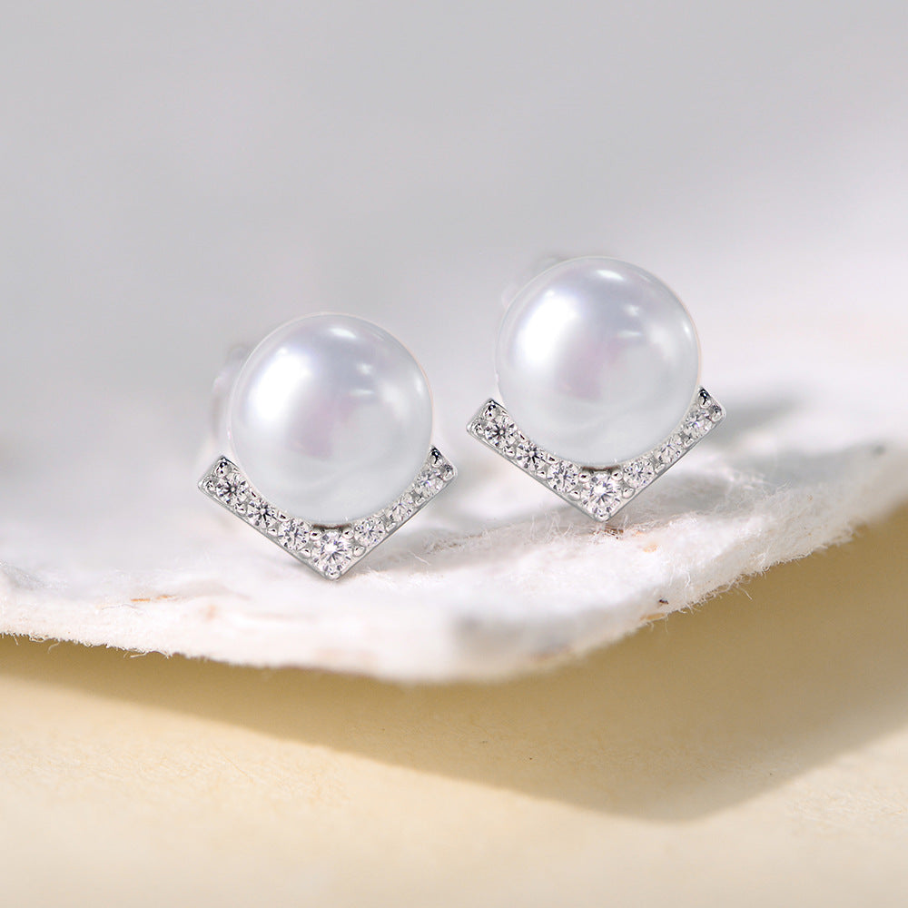 Planderful Shop S925 Sterling Silver Pearl Stud Earrings V Shaped Zircon Inlaid Natural Pearl Women Luxury