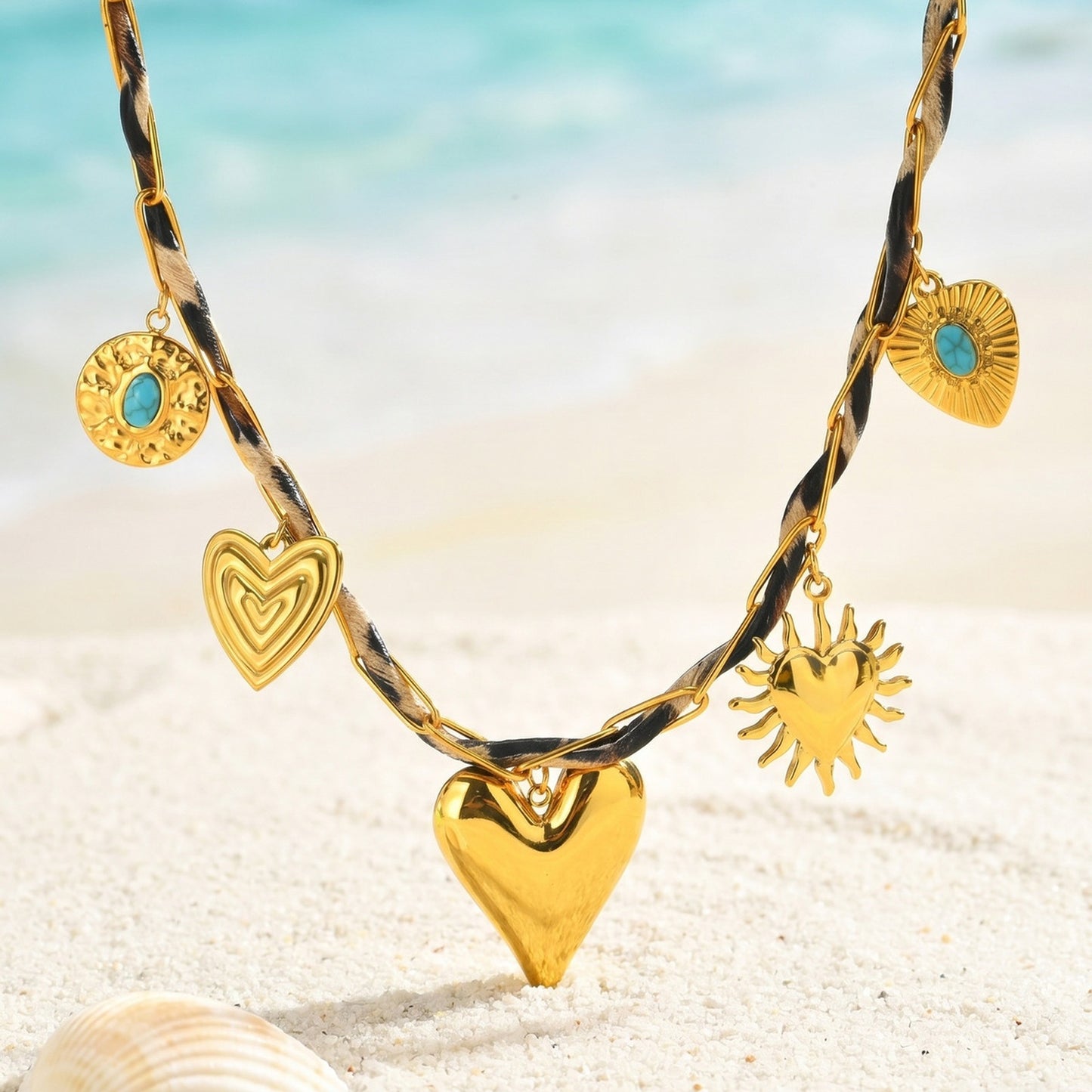 Stainless Steel Multi-Combination Love Natural Stone Leopard Print Woven Rope Necklace