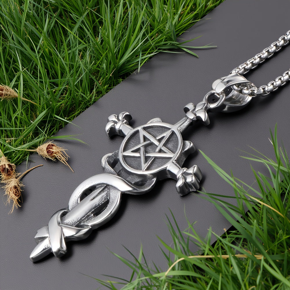 Five Pointed Star Sword Pendant Necklace Titanium Steel Men