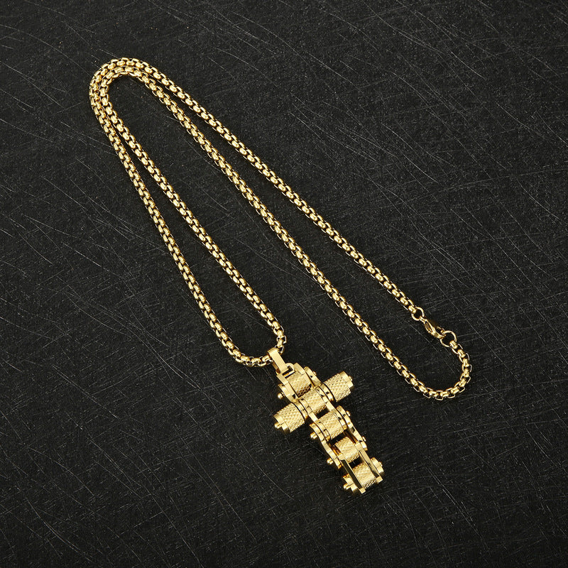 Creative Bicycle Chain Cross Pendant, Retro Hip-Hop Nightclub Men's Titanium Steel Square Pearl Necklace