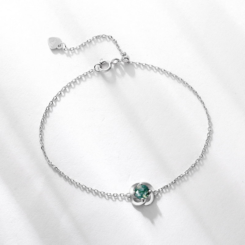 S925 Sterling Silver Moss Agate Four-Leaf Clover Bracelet