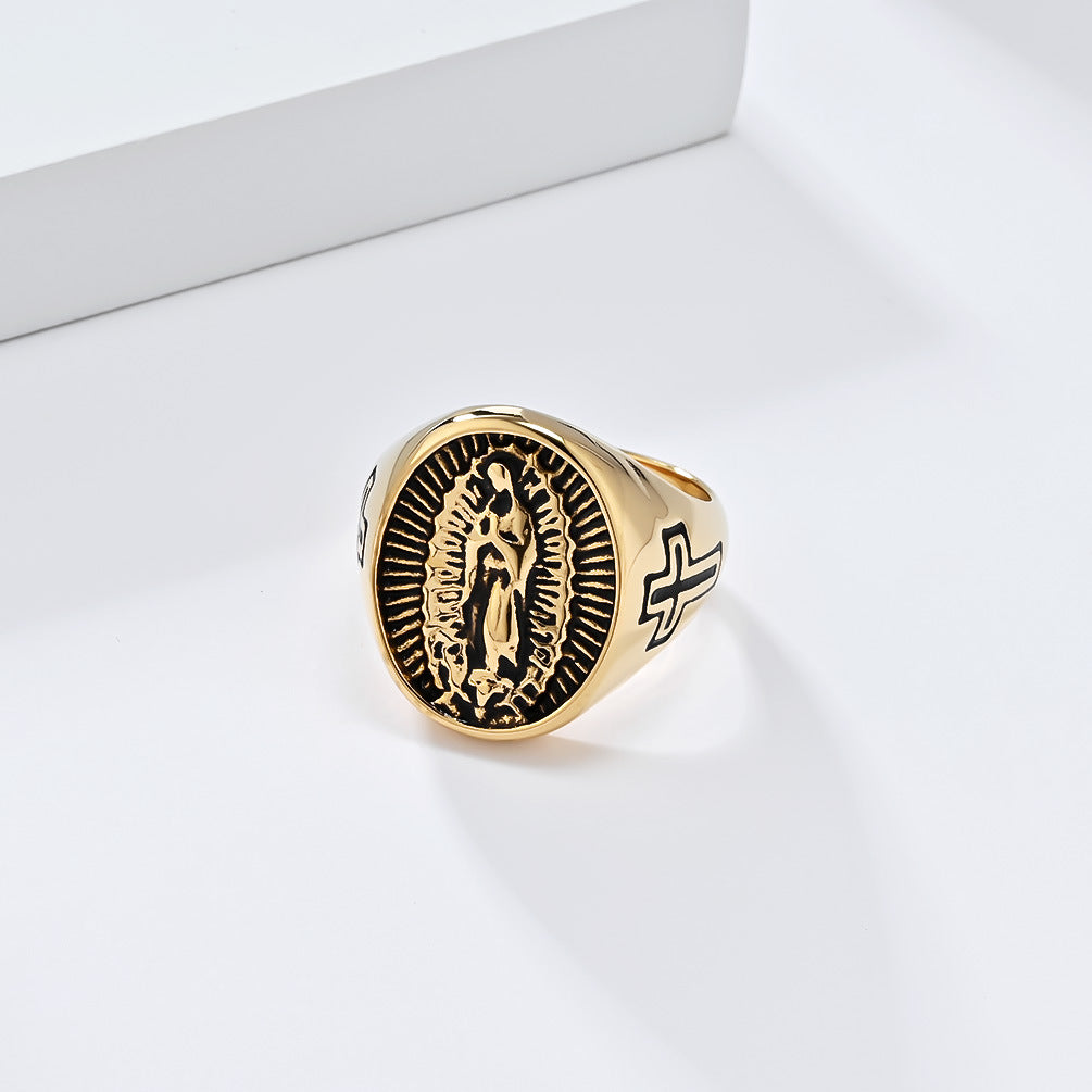 European and American Retro Virgin Mary Titanium Ring for Men and Women