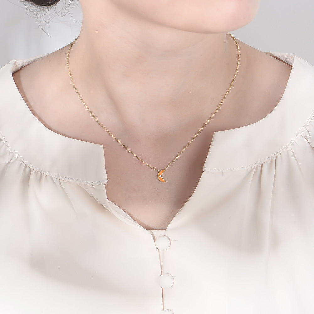 S925 Sterling Silver Women Inlaid Zircon Cold Wind Necklace Epoxy Moon