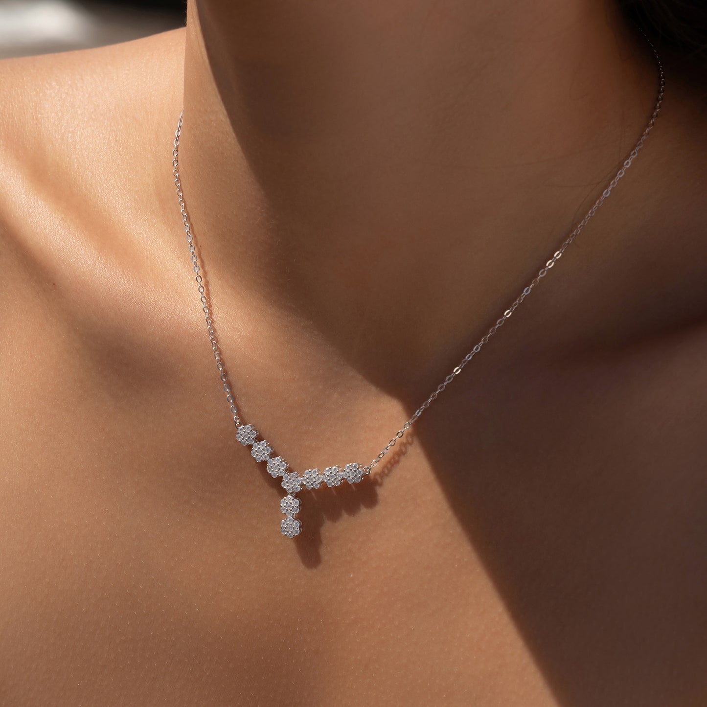 Planderful Everyday Genie S925 Sterling Silver Light Luxury Y Word Zircon Flower Necklace Women’s Japanese and Korean Temperament Collarbones Chain
