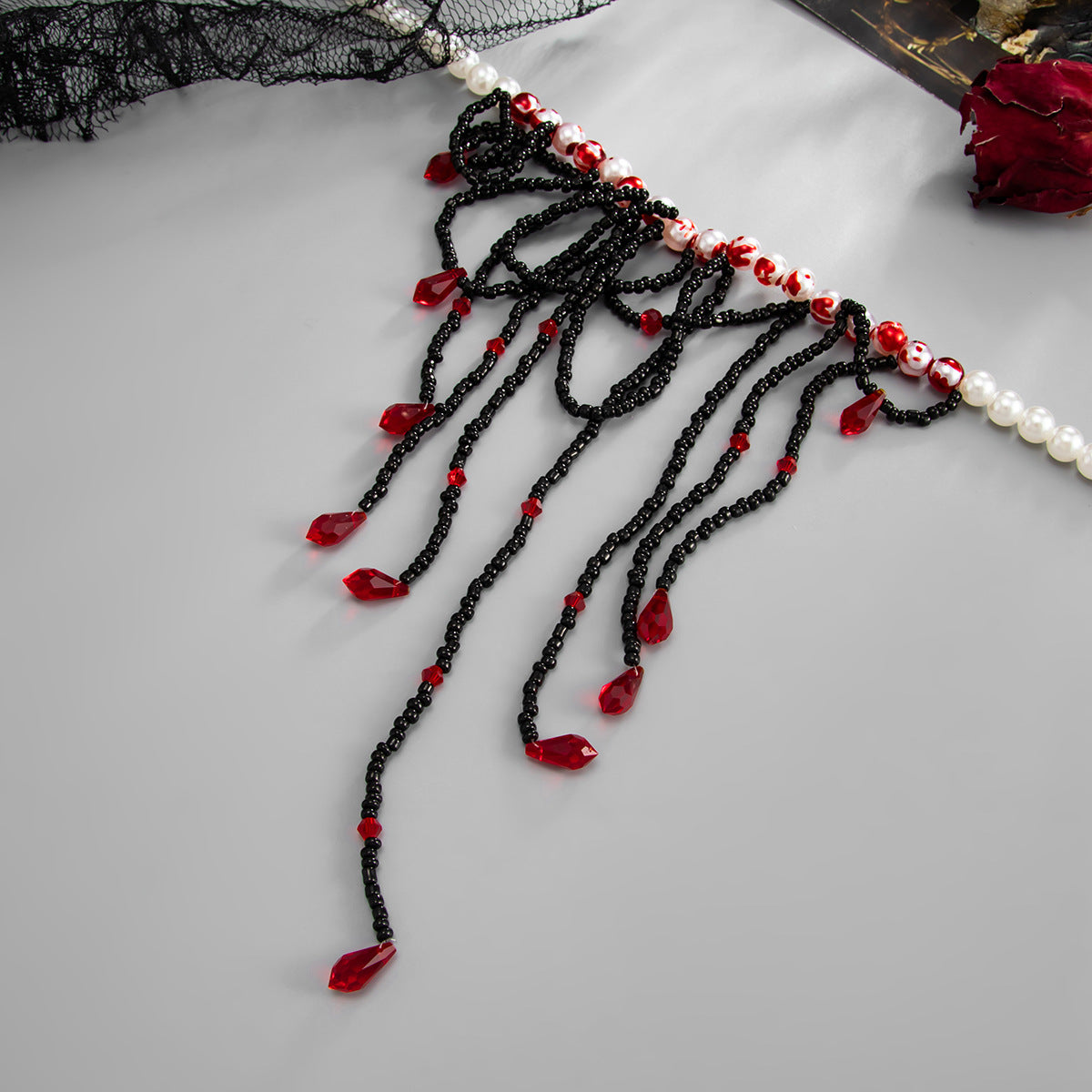 Gothic Beaded Blood-Drip Fringe Necklace