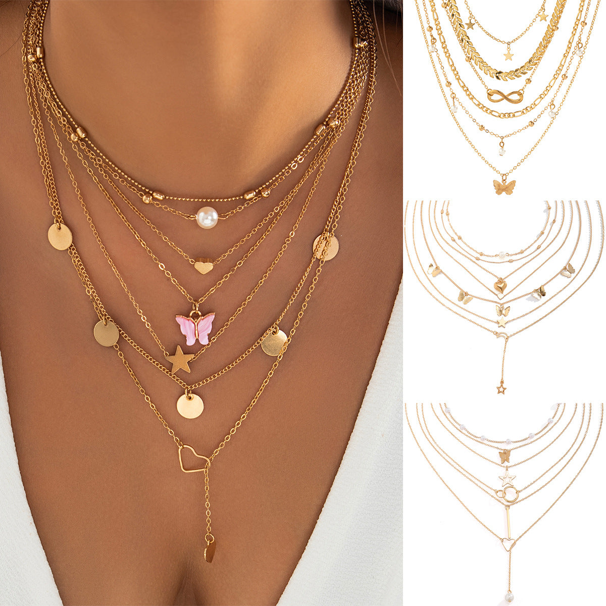 Butterfly Tassel Pendant and Heart-shaped Star Chain Necklace Set with Imitation Pearl Ornaments
