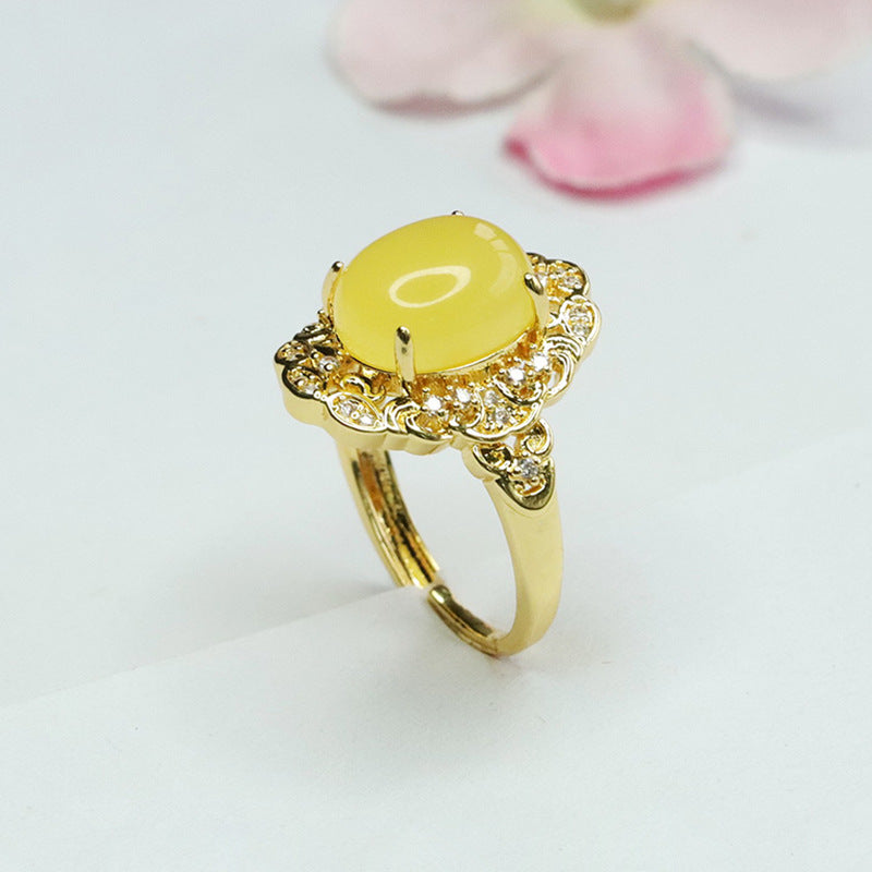 Auspicious Cloud Ring with Natural Beeswax Amber and Zircon - Sterling Silver Jewelry for Women