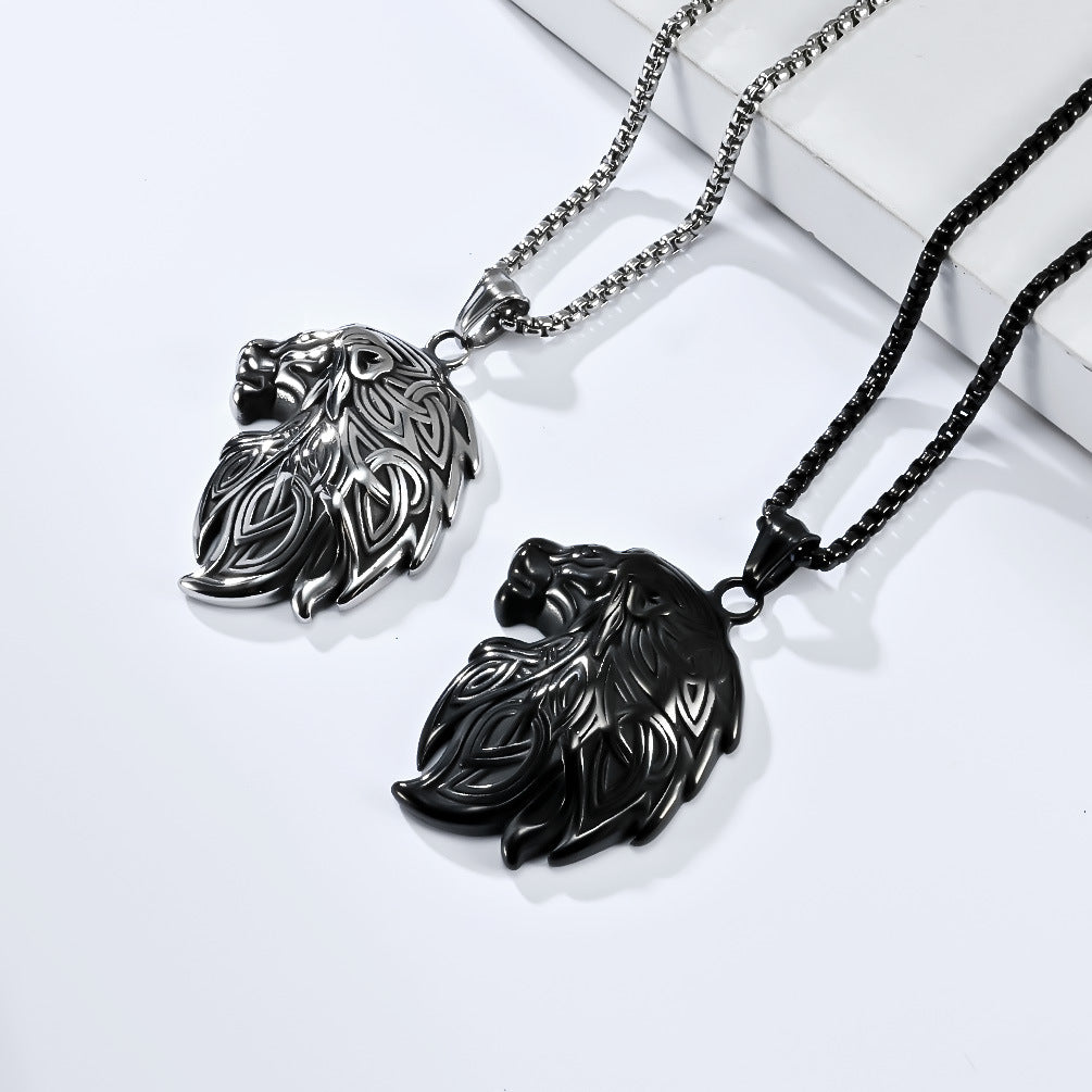 Planderful Viking Lion Head Pendant Necklace Durable Steel Triangular Knot Design For Him Bold Nordic Totem