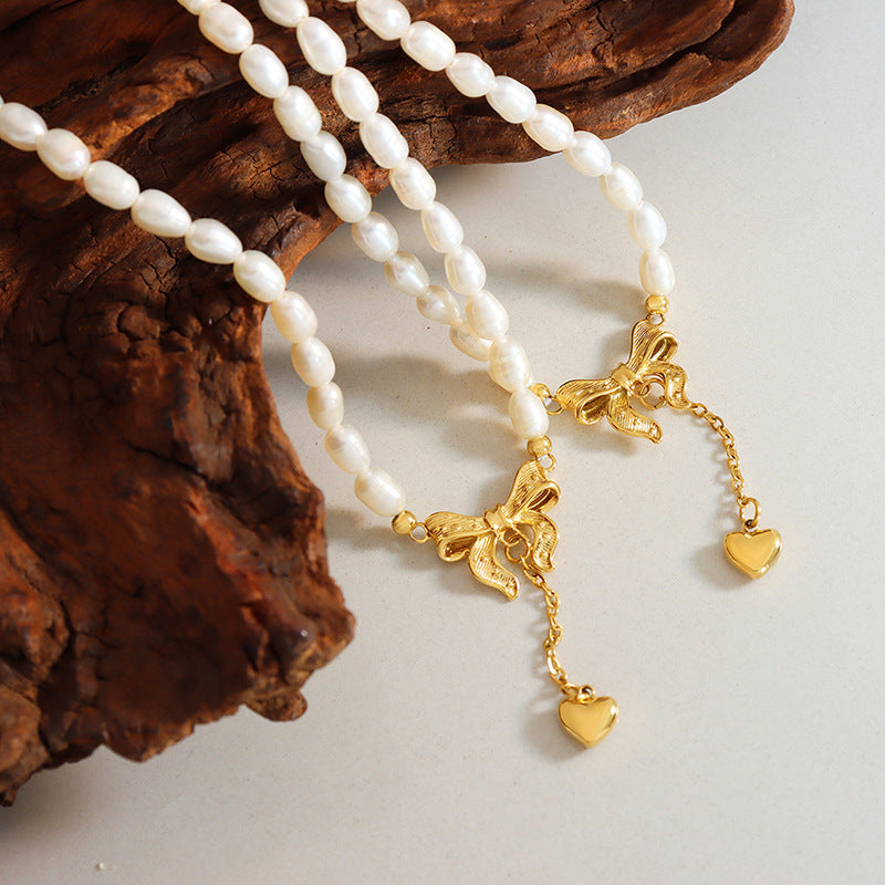 Elegant French Princess Pearl Necklace with Bow Tassel Accent