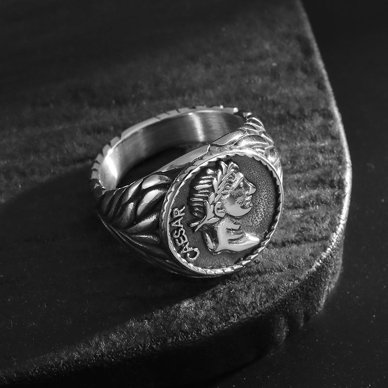 Julius Caesar Ring Stainless Steel Gold Plated Coin Portrait Premium Planderful Everyday Genie For History Buffs