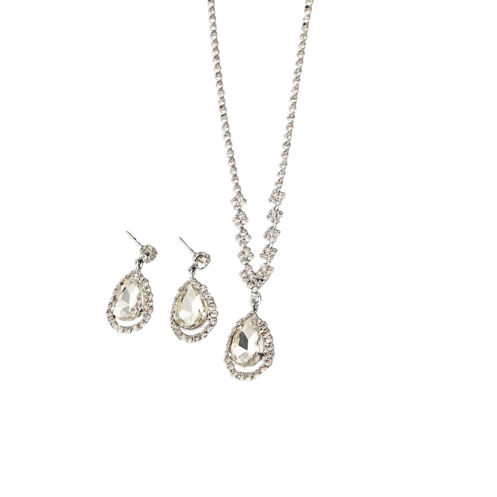 Rhinestone Clavicle Chain Necklace Set with Fringed Drop Earrings