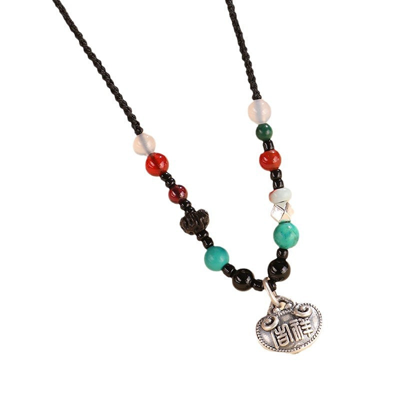 999 Silver Agate Ruyi Lock Braided Necklace