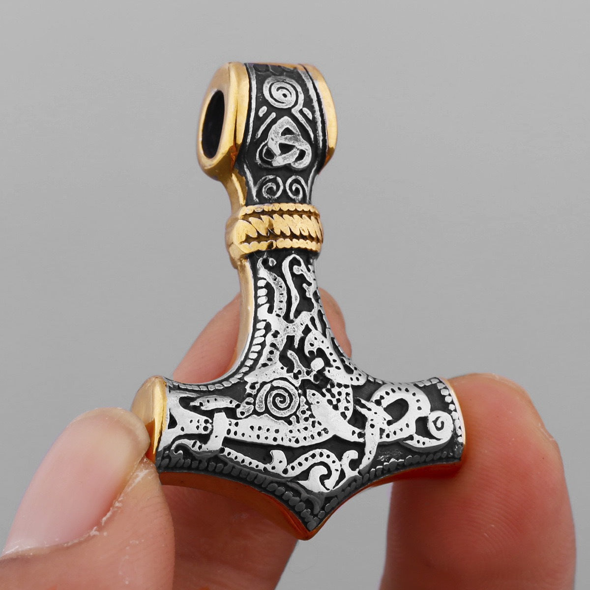 Planderful Thors Hammer Pendant Titanium Steel Necklace For Men With Bold Viking Triangle Knot Logo