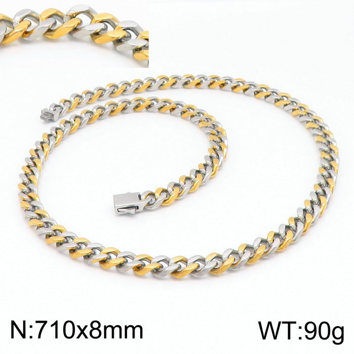 Stainless Steel Cuban Chain Bracelet, Rock Street Men's Vacuum Plated Four-Sided Grinding Square Necklace
