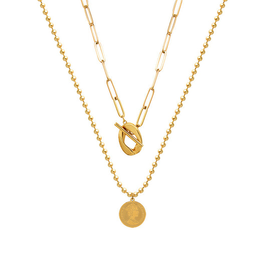 High-End Titanium Steel Double-Layer Queen Necklace with OT Buckle